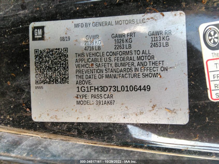 2020 CHEVROLET CAMARO 2SS 1G1FH3D73L0106449