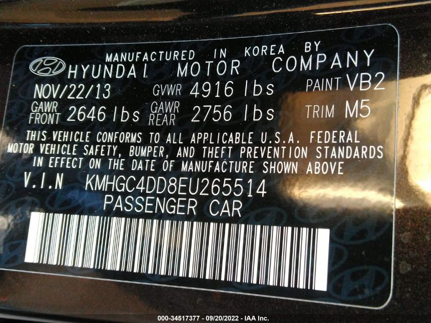 2014 HYUNDAI GENESIS 3.8L KMHGC4DD8EU265514