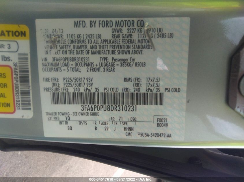 2013 FORD FUSION ENERGI SE LUXURY 3FA6P0PU8DR310231