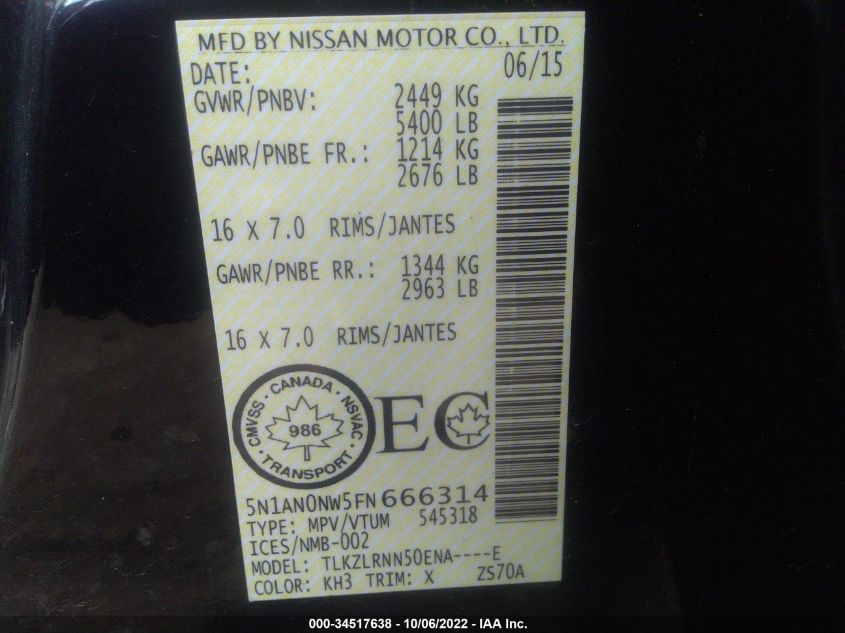 2015 NISSAN XTERRA S/PRO-4X/X 5N1AN0NW5FN666314