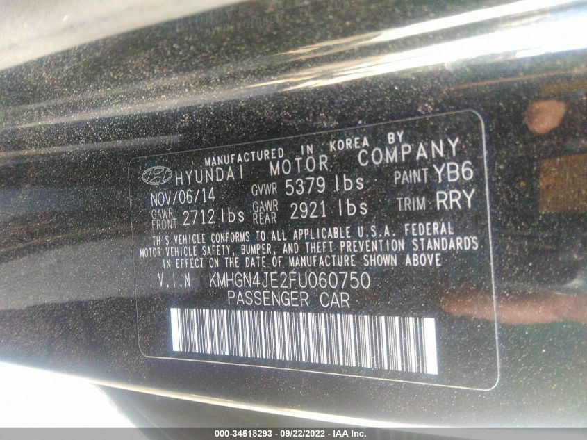 2015 HYUNDAI GENESIS 3.8L KMHGN4JE2FU060750