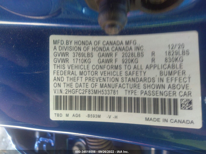 VIN 2HGFC2F83MH533781 2021 HONDA CIVIC SEDAN SPORT
