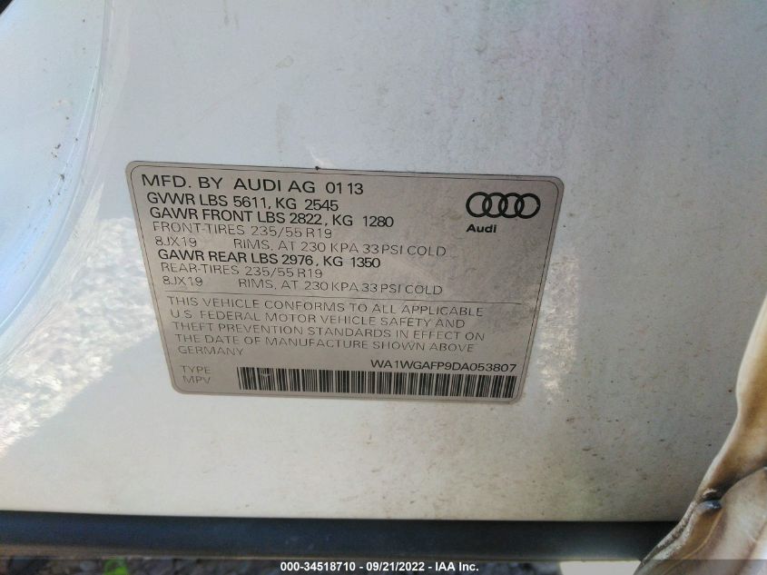 2013 AUDI Q5 PRESTIGE WA1WGAFP9DA053807