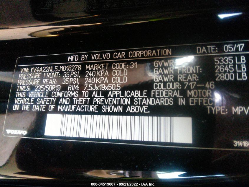 2018 VOLVO V90 CROSS COUNTRY YV4A22NL5J1016278