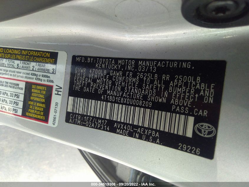 2013 TOYOTA AVALON HYBRID LIMITED 4T1BD1EBXDU008209