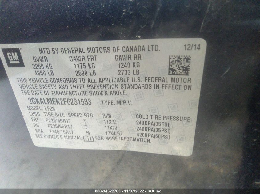 2015 GMC TERRAIN SLE 2GKALMEK2F6231533