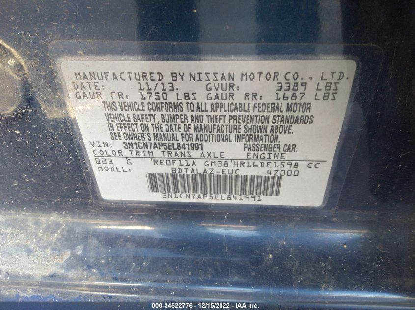 2014 NISSAN VERSA S PLUS 3N1CN7AP5EL841991