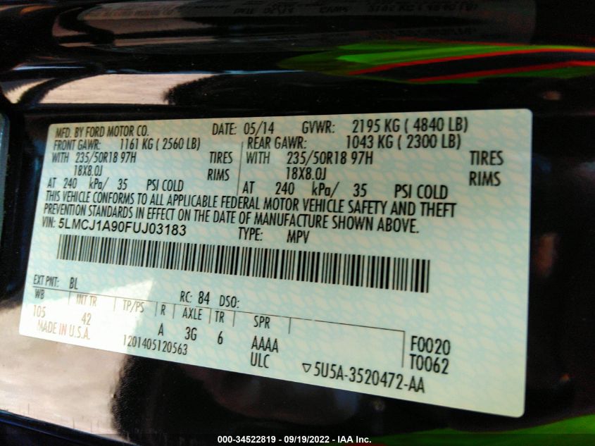 2015 LINCOLN MKC 5LMCJ1A90FUJ03183