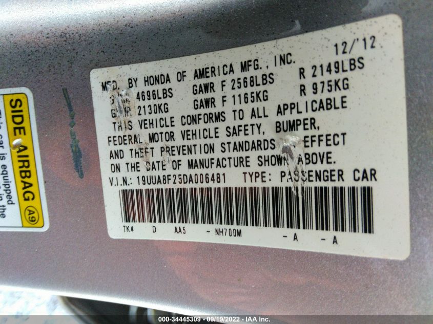 2013 ACURA TL 19UUA8F25DA006481