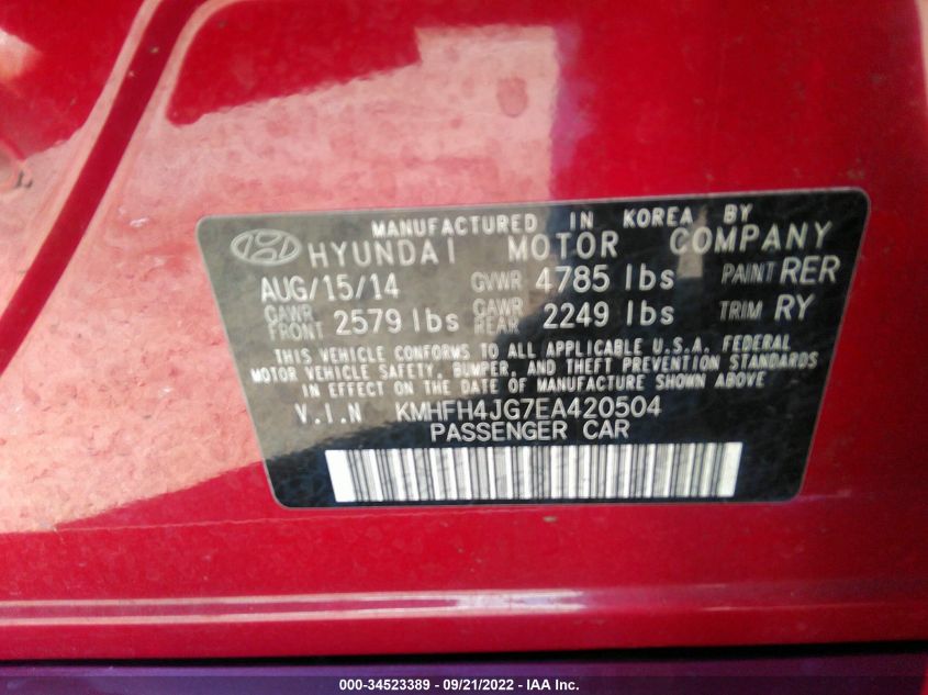 2014 HYUNDAI AZERA LIMITED KMHFH4JG7EA420504