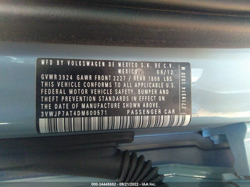 2013 VOLKSWAGEN BEETLE COUPE 2.5L 3VWJP7AT4DM600571