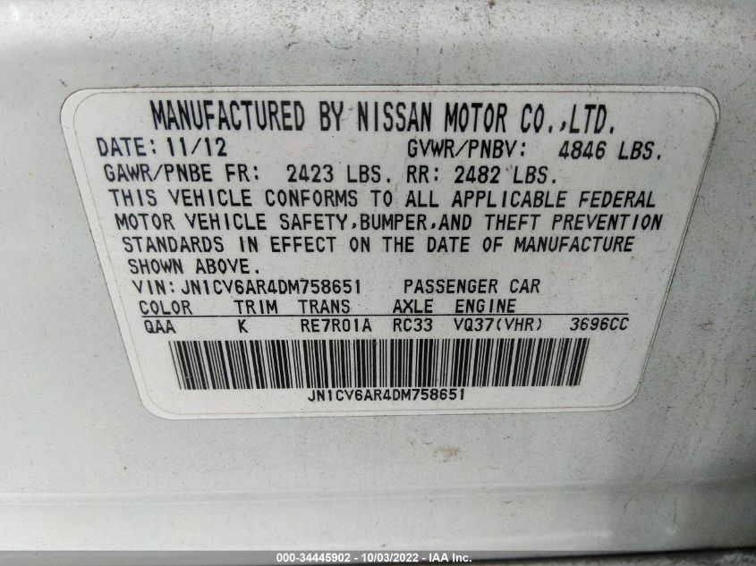 2013 INFINITI G37 SEDAN X JN1CV6AR4DM758651