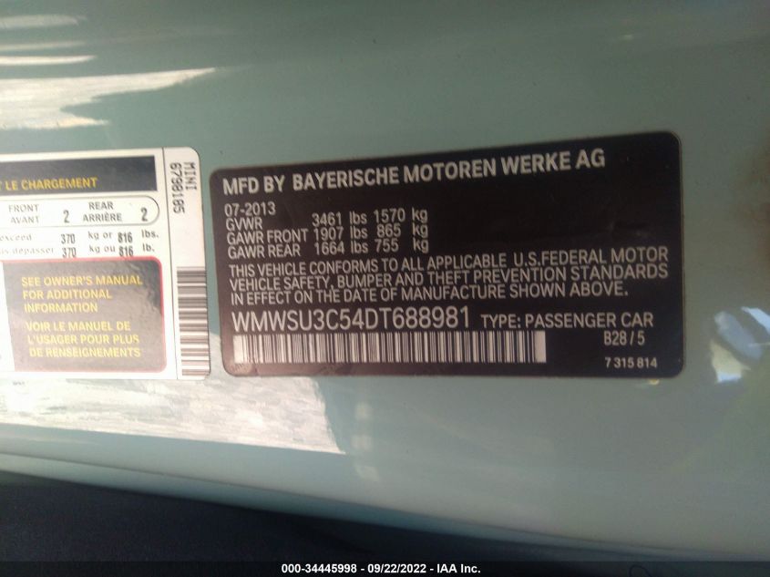 2013 MINI COOPER HARDTOP WMWSU3C54DT688981