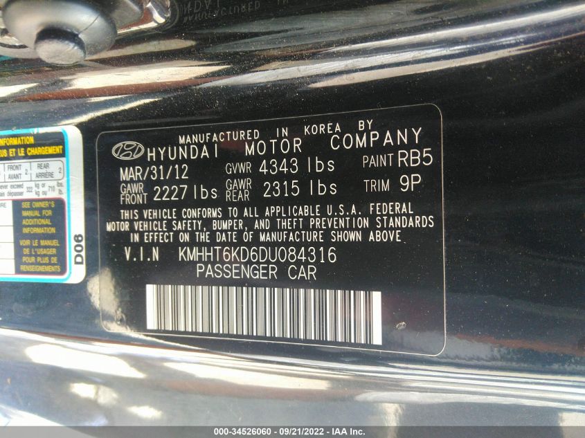 2013 HYUNDAI GENESIS COUPE 2.0T PREMIUM KMHHT6KD6DU084316
