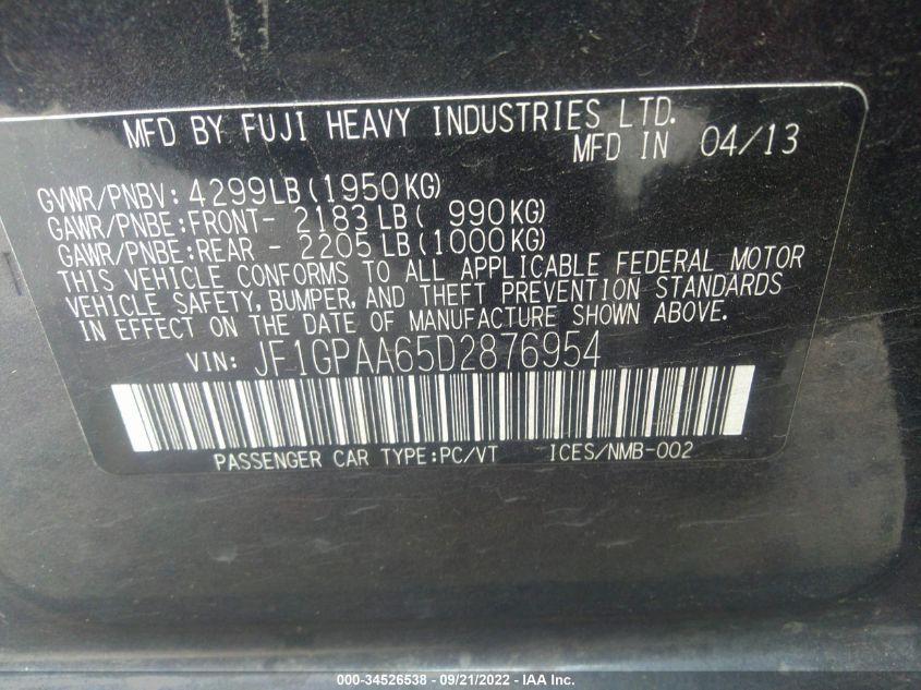2013 SUBARU IMPREZA WAGON 2.0I JF1GPAA65D2876954