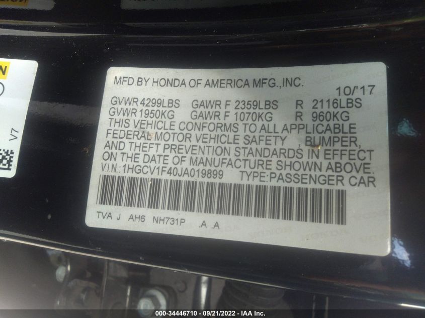VIN 1HGCV1F40JA019899 2018 HONDA ACCORD SEDAN EX 1.5T