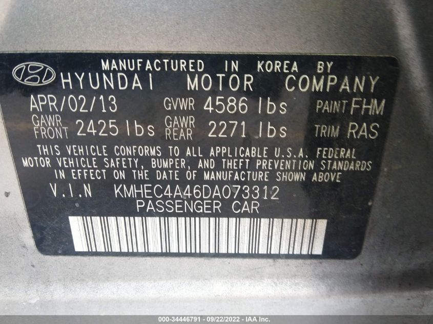 2013 HYUNDAI SONATA HYBRID LIMITED KMHEC4A46DA073312