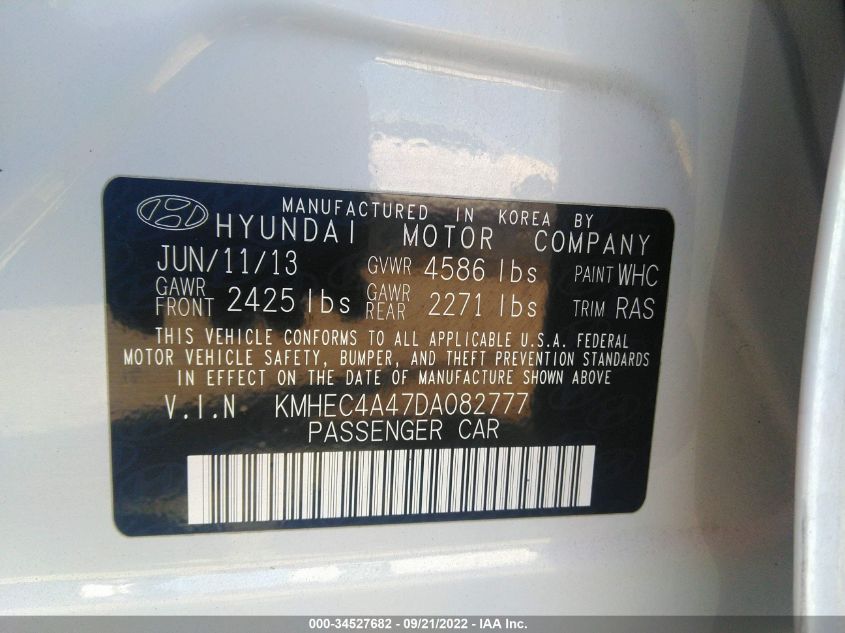 2013 HYUNDAI SONATA HYBRID LIMITED KMHEC4A47DA082777