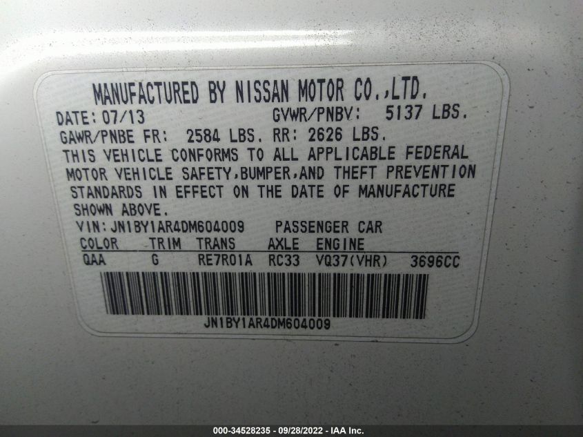 2013 INFINITI M37 JN1BY1AR4DM604009