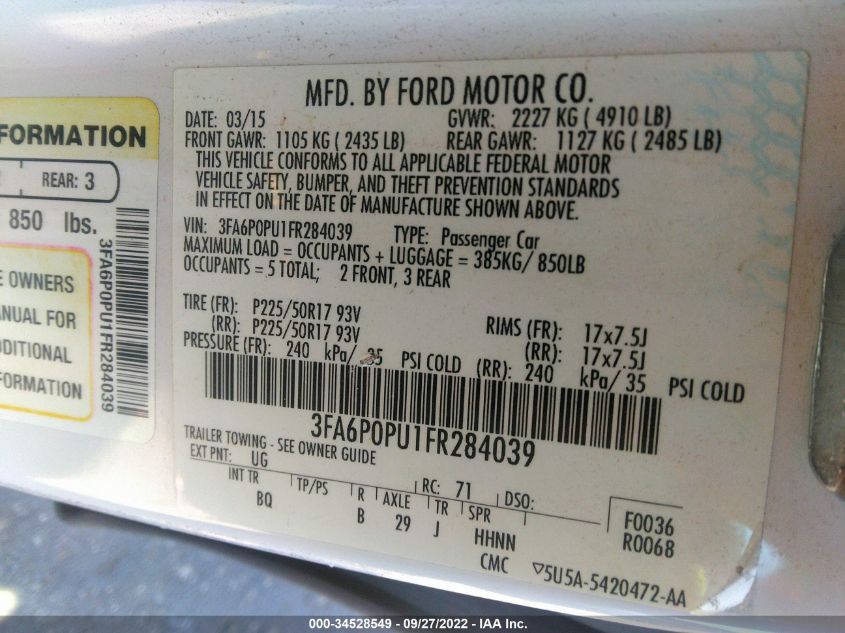 2015 FORD FUSION ENERGI SE LUXURY 3FA6P0PU1FR284039