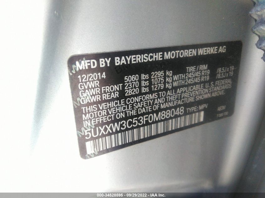 2015 BMW X4 XDRIVE28I 5UXXW3C53F0M88048