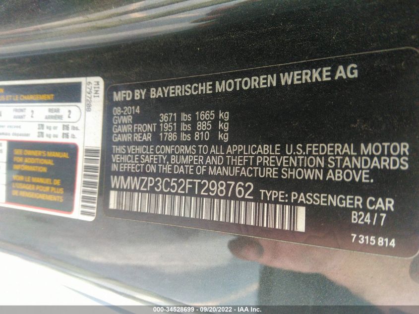 2015 MINI COOPER CONVERTIBLE S WMWZP3C52FT298762