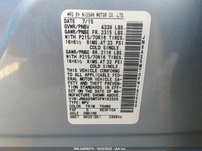 2015 NISSAN ROGUE SELECT S JN8AS5MT0FW162558