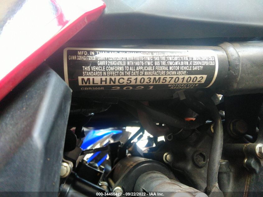 2021 HONDA CBR300 R MLHNC5103M5701002