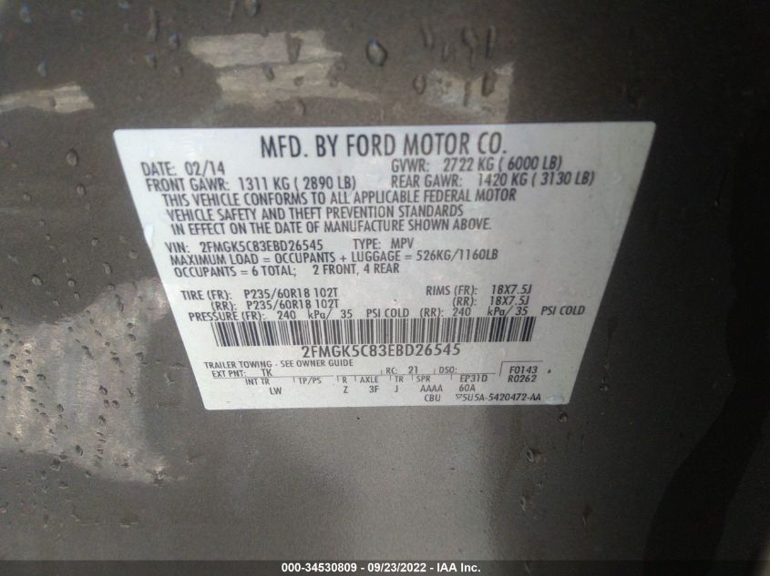 2014 FORD FLEX SEL 2FMGK5C83EBD26545