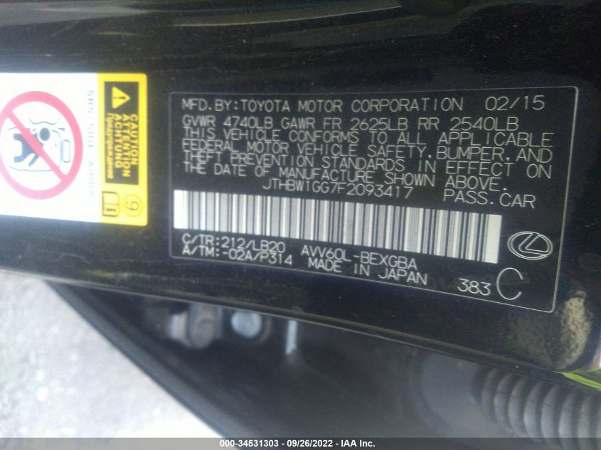 2015 LEXUS ES 300H HYBRID JTHBW1GG7F2093417