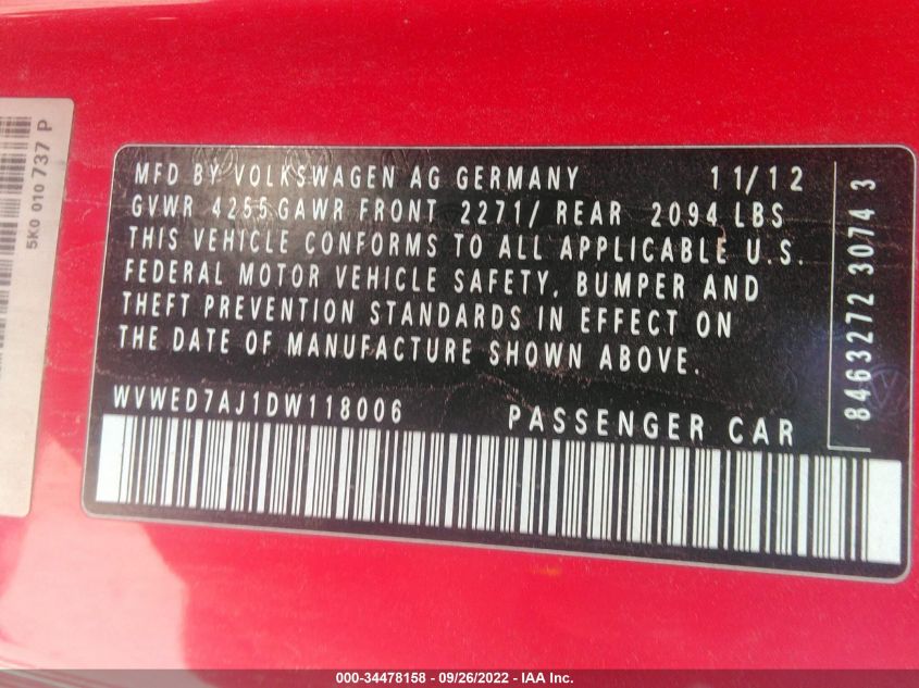 2013 VOLKSWAGEN GTI WVWED7AJ1DW118006