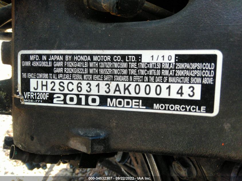 2010 HONDA VFR1200 F - JH2SC6313AK000143