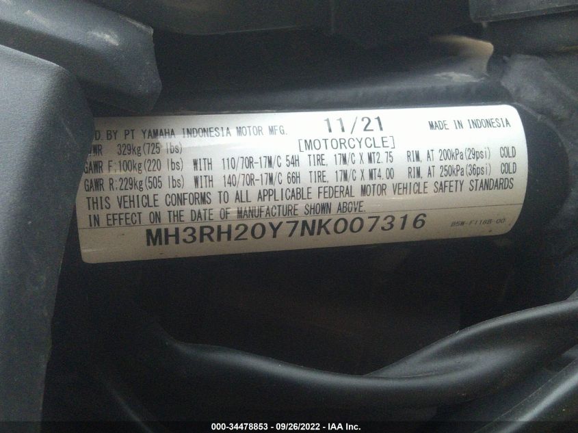 2022 YAMAHA MT-03 MH3RH20Y7NK007316
