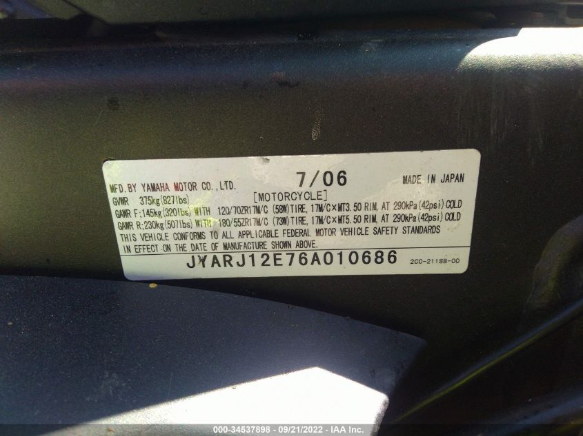 2006 YAMAHA YZFR6 L JYARJ12E76A010686