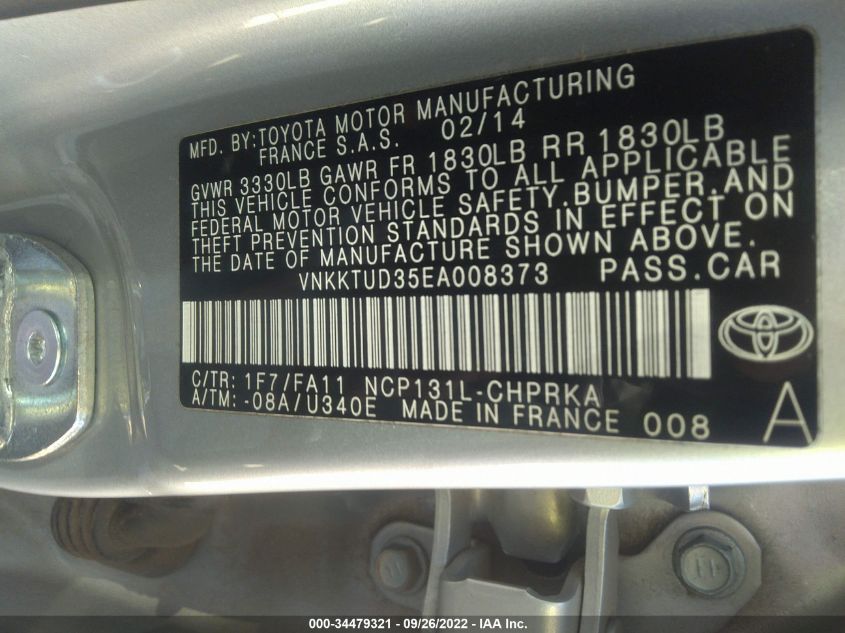 2014 TOYOTA YARIS LE VNKKTUD35EA008373