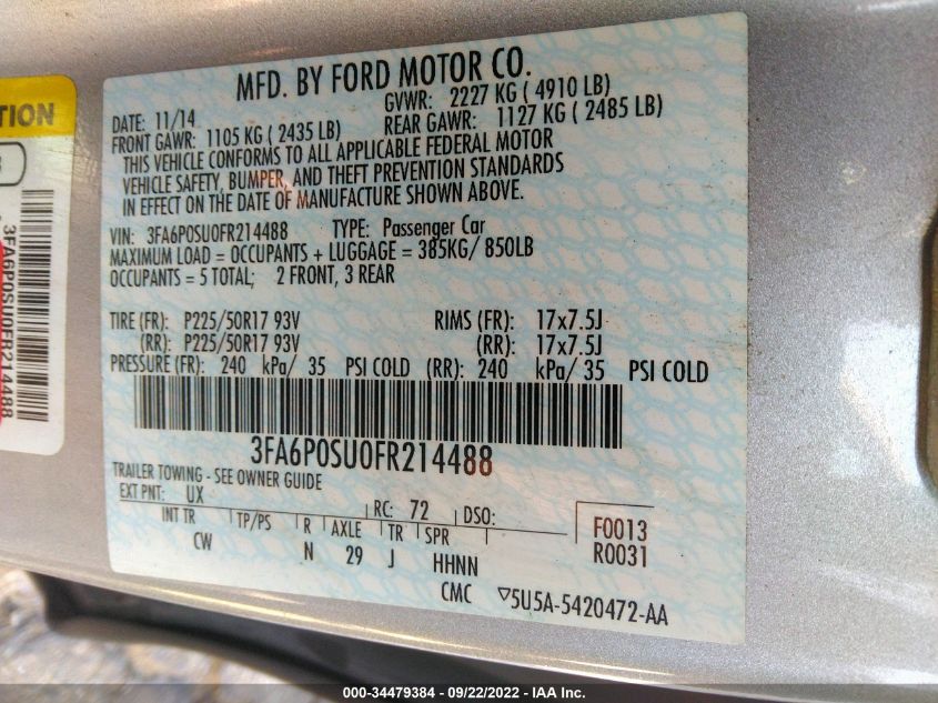 2015 FORD FUSION ENERGI TITANIUM 3FA6P0SU0FR214488