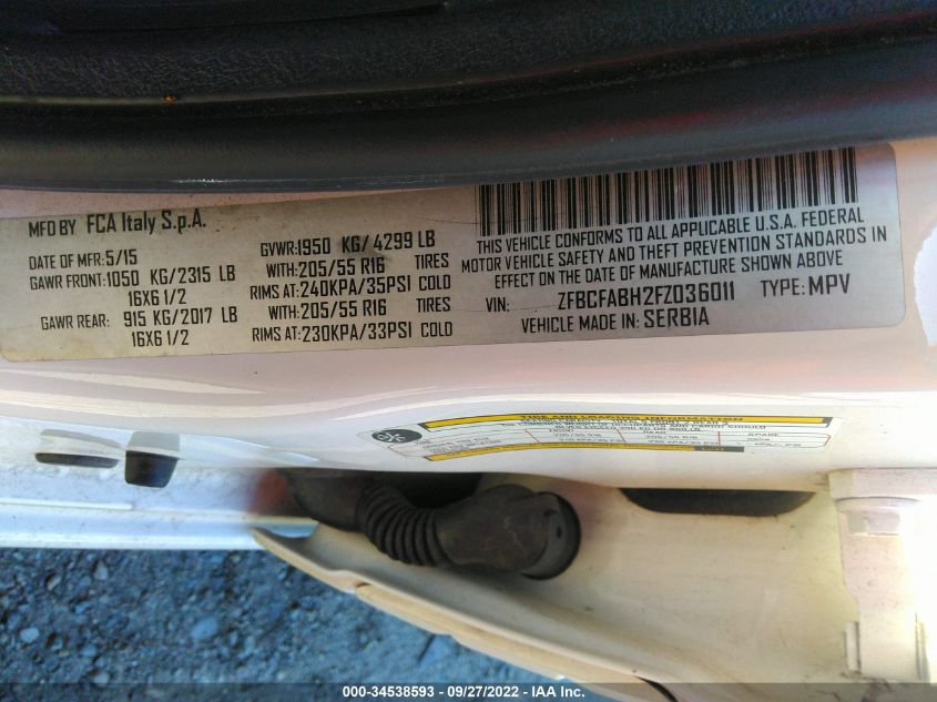 2015 FIAT 500L EASY ZFBCFABH2FZ036011