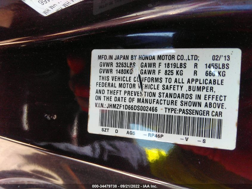 2013 HONDA CR-Z EX JHMZF1D66DS002466
