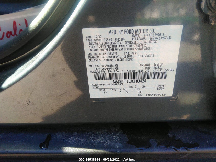 VIN MAJ3P1TE5JC183424 2018 FORD ECOSPORT SE