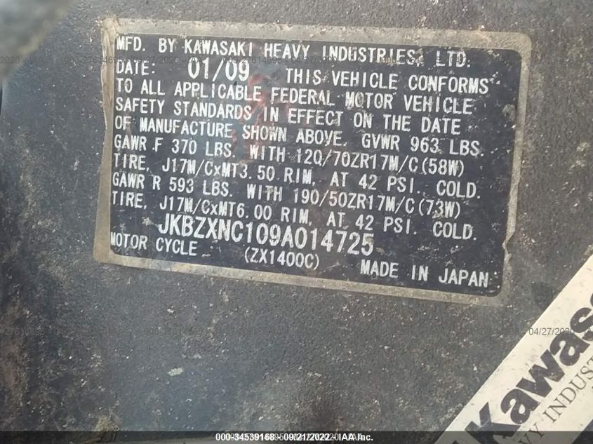 2009 KAWASAKI ZX1400 C JKBZXNC109A014725