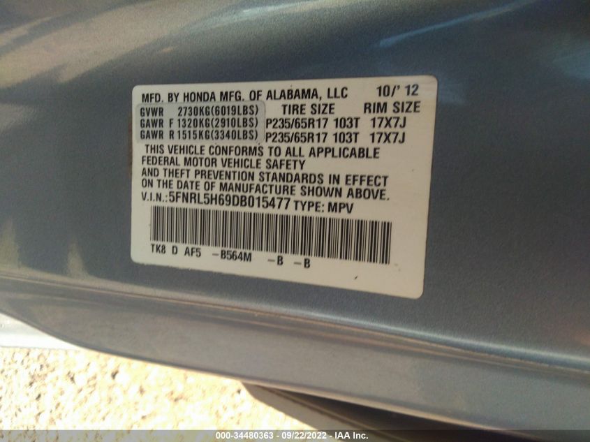 VIN 5FNRL5H69DB015477 2013 Honda Odyssey no.9