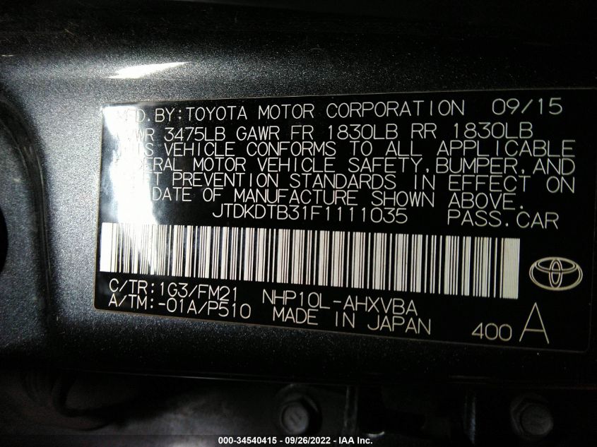 2015 TOYOTA PRIUS C ONE JTDKDTB31F1111035