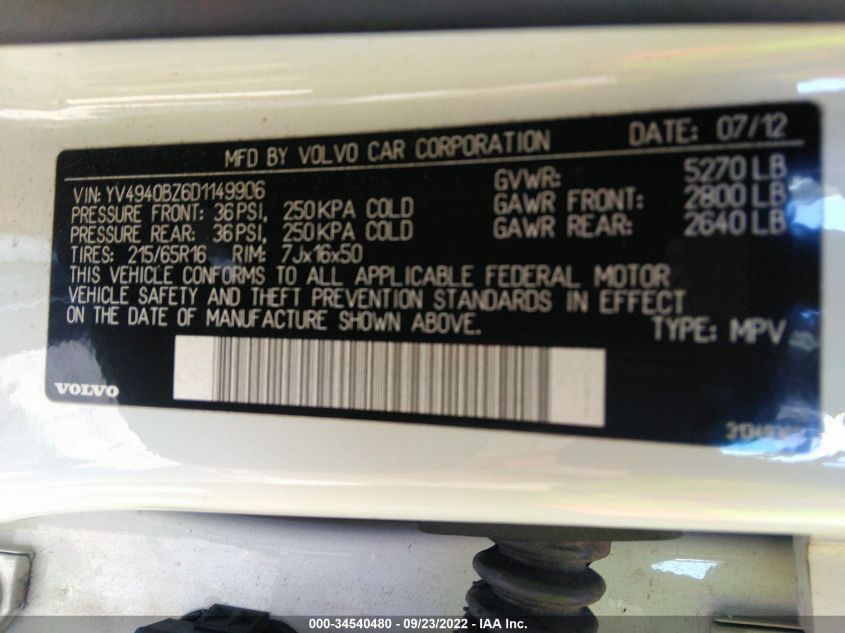 2013 VOLVO XC70 3.2L YV4940BZ6D1149906