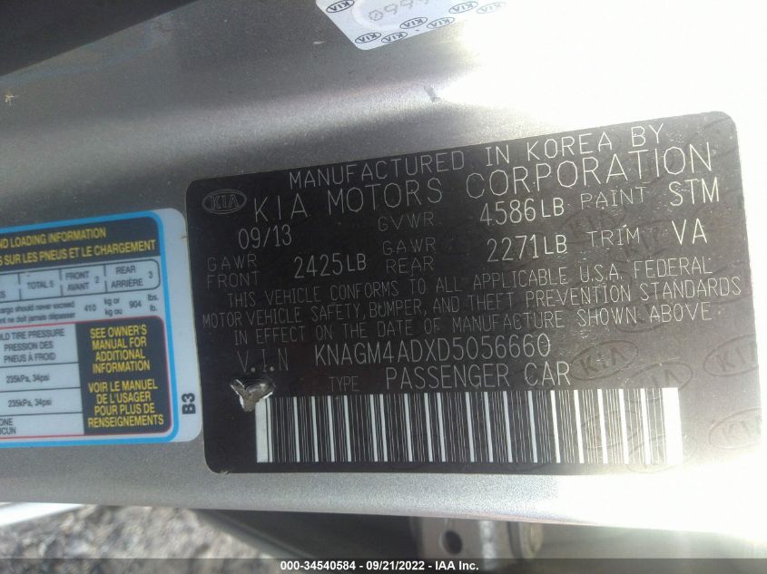 2013 KIA OPTIMA HYBRID LX KNAGM4ADXD5056660