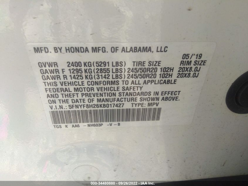 5FNYF8H26KB017427 Honda Passport SPORT 9