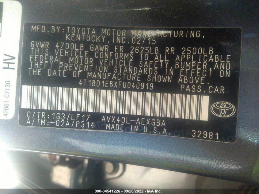 2015 TOYOTA AVALON HYBRID XLE PREMIUM 4T1BD1EBXFU040919