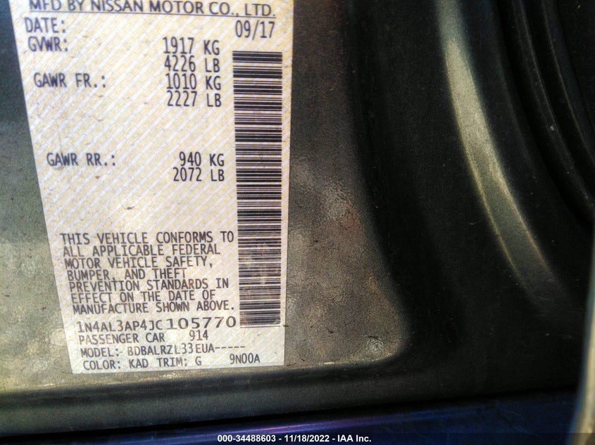 VIN 1N4AL3AP4JC105770 2018 NISSAN ALTIMA 2.5 SL