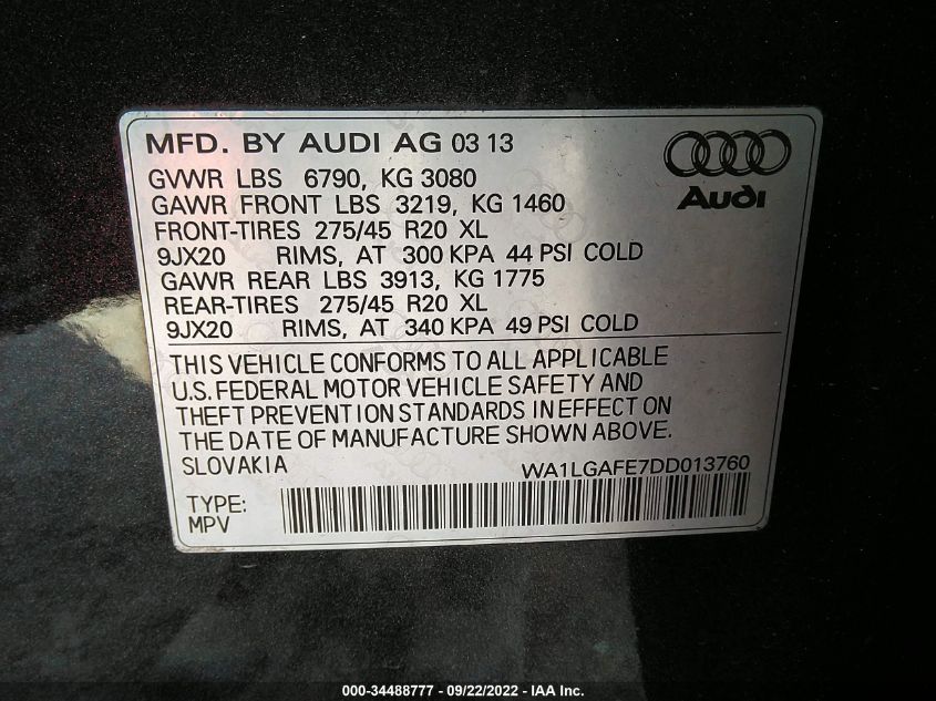 2013 AUDI Q7 3.0T PREMIUM PLUS WA1LGAFE7DD013760
