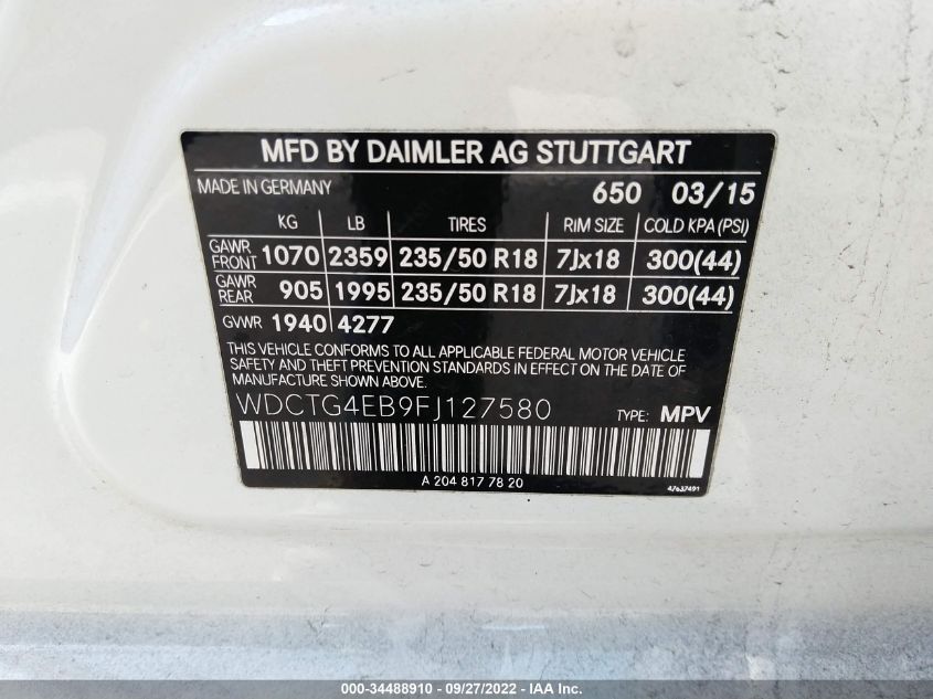 2015 MERCEDES-BENZ GLA-CLASS GLA 250 WDCTG4EB9FJ127580