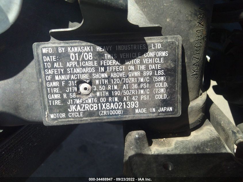 2008 KAWASAKI ZR1000 B JKAZRCB1X8A021393